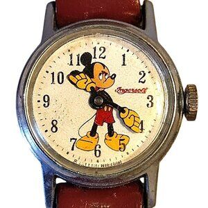 Authentic Mickey Mouse Wrist Watch 1970s Red Band Vintage Ingersoll Disney AS IS
